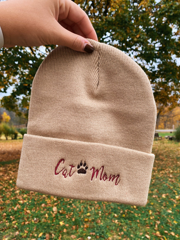 Cat Mom Embroidered Beanie